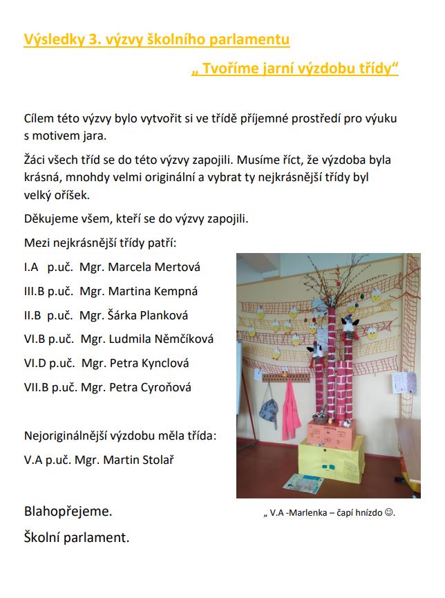 Výsledky soutěže nejkrásnější třída